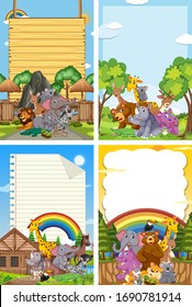Border template design with many wild animals in background illustration