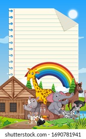 Border template design with many wild animals in background illustration