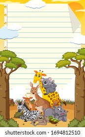 Border template design with many wild animals in background illustration