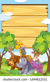 Border template design with many wild animals in background illustration