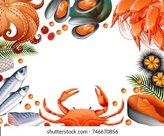 Border template with different kinds of seafood illustration