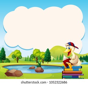 Border template with duck reading book in the park illustration