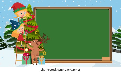 Border template with elf and reindeer in the snow illustration