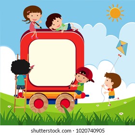 Border template with five kids playing in park illustration
