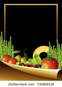 Border template with fruits and vegetables in background illustration