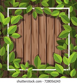 Plantilla de borde con hojas verdes en la ilustración de tablero de madera