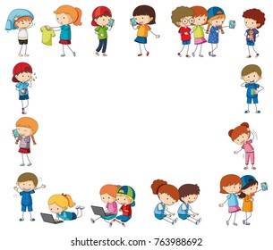 Border template with happy children with devices illustration