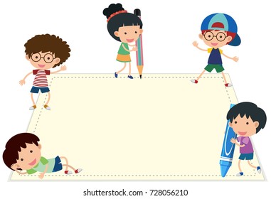 Plantilla de borde con ilustraciones de escritura de niños felices