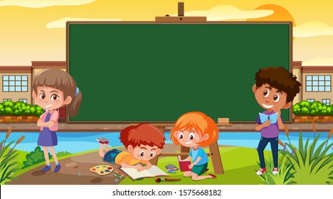 Border template with kids in the park background illustration