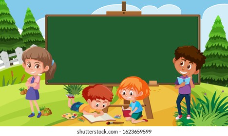 Plantilla de borde con niños en la ilustración de fondo del parque