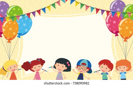 Border template with kids and party balloons illustration