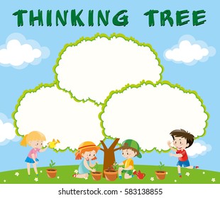 Border template with kids planting trees illustration