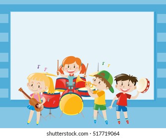 Border template with kids playing music in band illustration