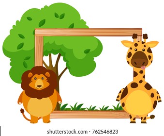 Plantilla de borde con ilustración de león y jirafa