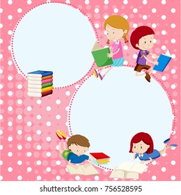 Border template with many children reading books illustration