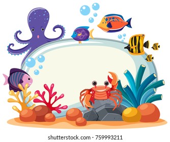 Border template with many sea animals underwater illustration