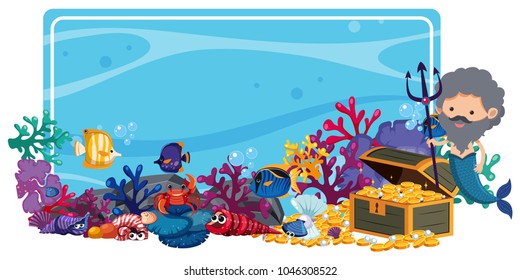 Border template with mermaid and fish underwater illustration