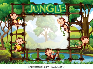 Border template with monkeys in jungle illustration
