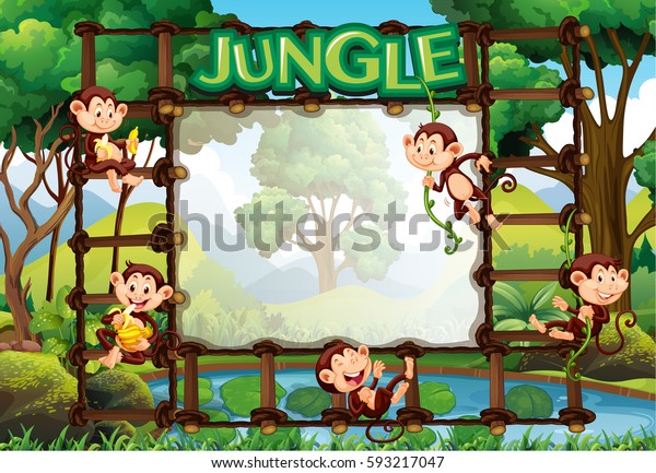 ジャングルのイラストに猿を含む境界テンプレート のベクター画像素材 ロイヤリティフリー
