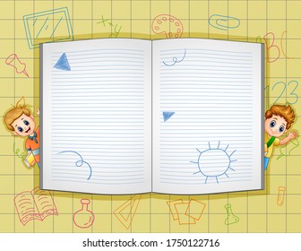 Border template with open book and school boys illustration