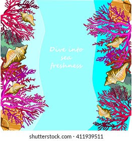 Border template with seashells  illustration. shell coral algae vector frame. seafood vector