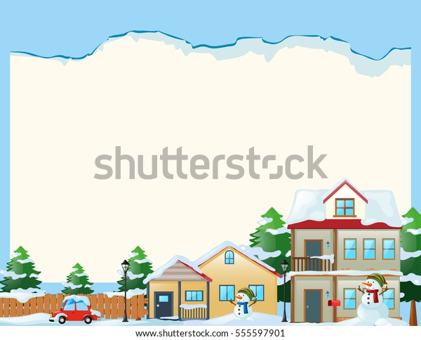 Border\
template with snow in the village\
illustration