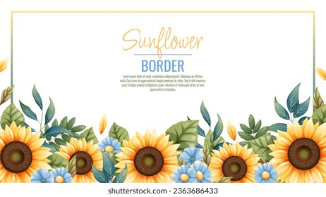 Border template with sunflowers, blue daisies. Frame, banner with autumn wildflowers. Background with botanical elements