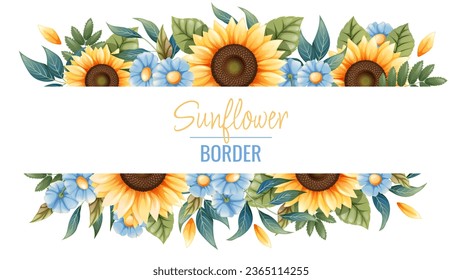 Grenzschablone mit Sonnenblumen, blaue Gänseblümchen. Rahmen, Banner mit Herbstblumen. Hintergrund mit botanischen Elementen