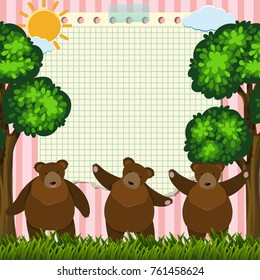 Border template with three bears in garden illustration