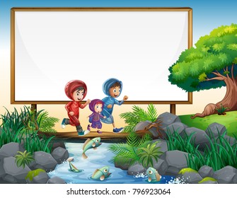 Border template with three kids running on bridge illustration