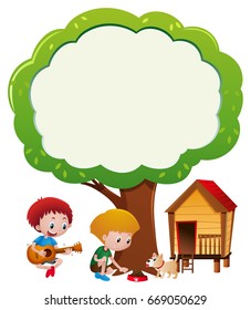 Plantilla de borde con dos niños y un perro para mascotas