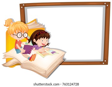 Border template with two girls reading illustration