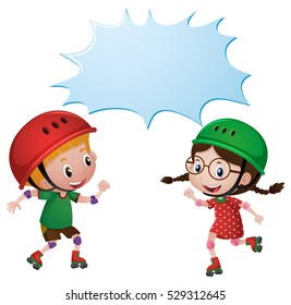Border template with two kids skating illustration