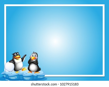 Border template with two penguins on ice illustration