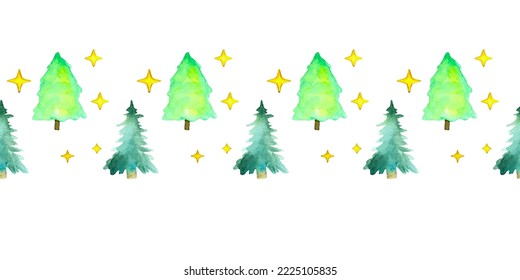 Border template with watercolor Christmas tree. For printing wrapping paper, packaging, fabric. Hand Drawn vector illustration.