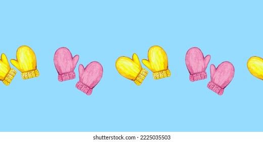Plantilla de borde con mitones de punto de acuarela. Para imprimir papel envolvente, embalaje, tela. Ilustración vectorial dibujada a mano.