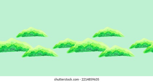 Border template with watercolor mountain green forest. For printing wrapping paper, packaging, fabric. Hand Drawn vector illustration.