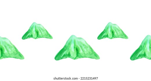 Border template with watercolor mountain green forest. For printing wrapping paper, packaging, fabric. Hand Drawn vector illustration.