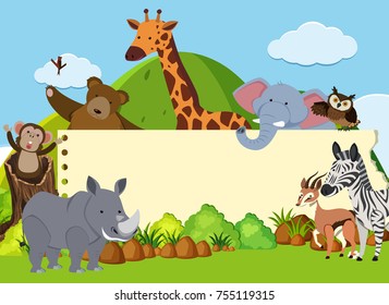 Plantilla de borde con animales salvajes en la ilustración de campo