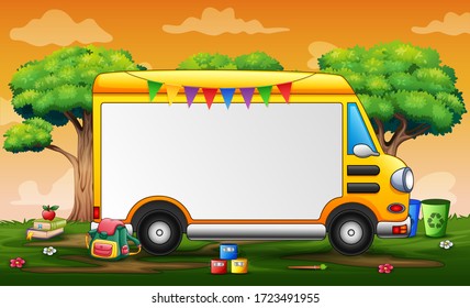 Border template with yellow car at forest