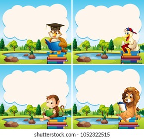 Border templates with animals reading books illustration
