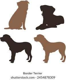 Silueta Border Terrier. Forma de perro de un color. 4 tipos, diferentes colores. Diseño de logo de Terrier, personaje de mascota, arte de postal, icono, educación. Sentado posar, acostado, quedarse, quedarse, perfil. Negro, marrón.