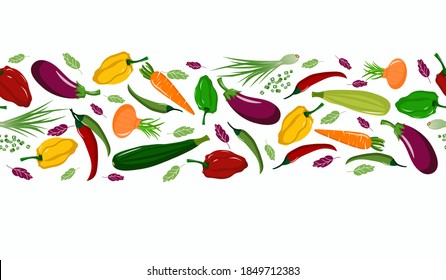 The border of their assorted fresh vegetables. Vector illustration isolated on white background. Icons and logos. For cafes, restaurants and menus, fabrics and scrapbooking, farms and markets