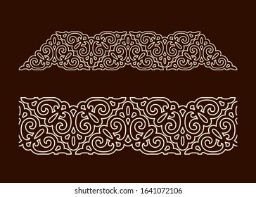 border, thin classic curls, white on a dark brown background