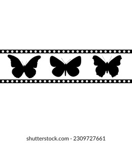 Border with three silhouettes of tropical butterflies on a white background.