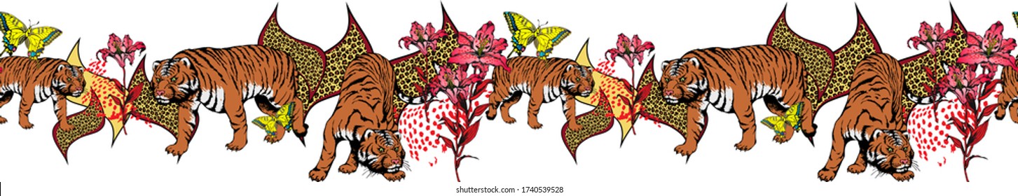 Border of tiger and flowers. Suitable for fabric, mural, wrapping paper and the like. Vector illustration