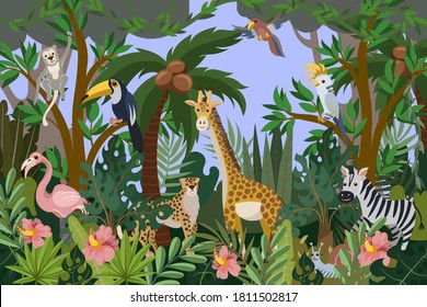Border with trees and animals for kids interior or fabric. Vector baby print.