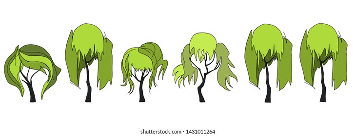Border from trees with crowns in the form of female hair. Border pattern for natural decor. Creative trees with trendy haircuts for web design