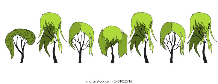 Border from trees with crowns in the form of female hair. Border pattern for natural decor. Creative trees with trendy haircuts for web design
