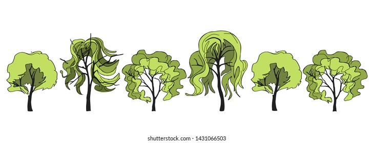 Border from trees with crowns in the form of female hair. Border pattern for natural decor. Creative trees with trendy haircuts for web design